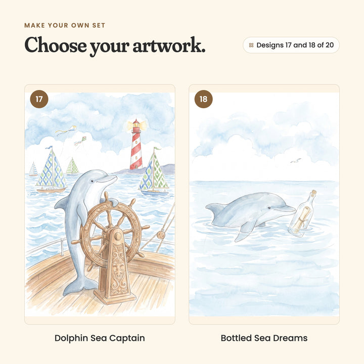 Designs 17 and 18 of 20: Dolphin Sea Captain, a dolphin at a carved ship's wheel with a lighthouse behind, and Bottled Sea Dreams, a dolphin with a message in a bottle