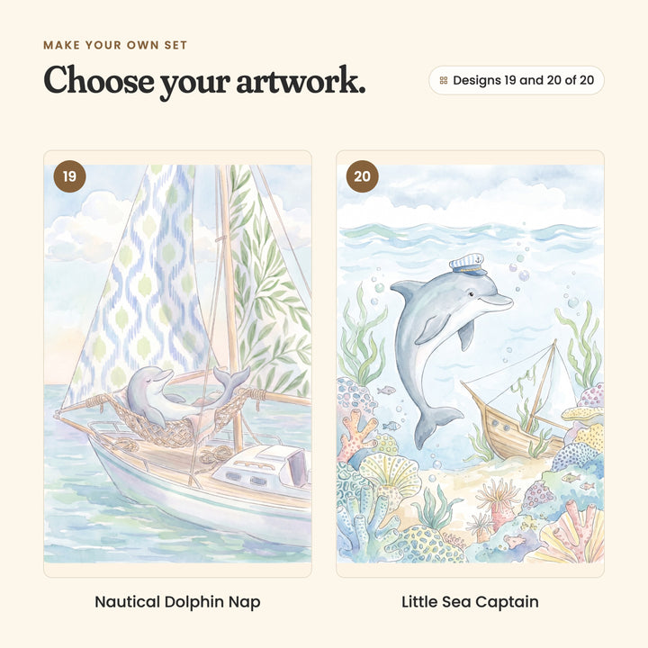 Designs 19 and 20 of 20: Nautical Dolphin Nap, a dolphin napping in a rope hammock on a sailboat, and Little Sea Captain, a dolphin in a captain's hat leaping over a coral reef and a shipwreck