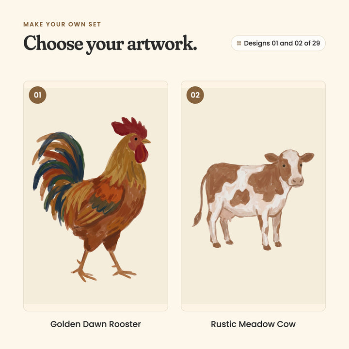 Designs 01 and 02 of 29: Golden Dawn Rooster, a rooster with a red comb and dark blue-green tail feathers, and Rustic Meadow Cow, a brown and white cow