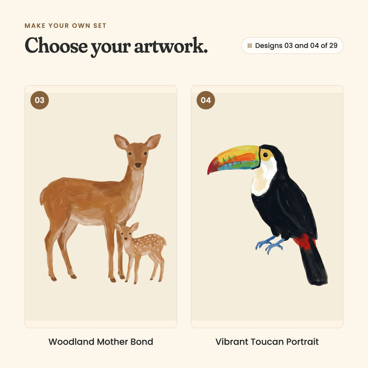 Designs 03 and 04 of 29: Woodland Mother Bond, a doe with her spotted fawn, and Vibrant Toucan Portrait, a toucan with a rainbow bill