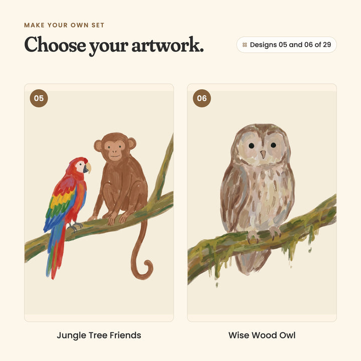 Designs 05 and 06 of 29: Jungle Tree Friends, a scarlet macaw and a monkey on a branch, and Wise Wood Owl, an owl on a mossy branch