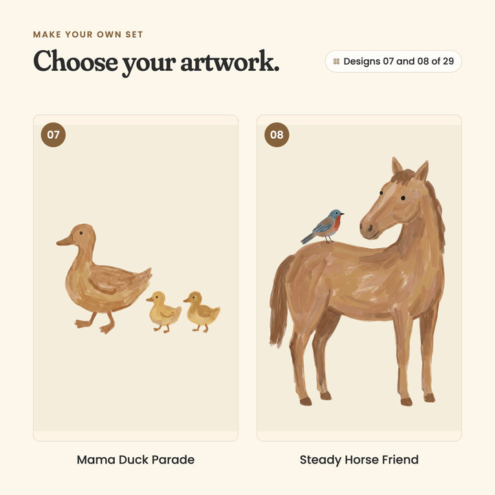 Designs 07 and 08 of 29: Mama Duck Parade, a mother duck with two ducklings, and Steady Horse Friend, a brown horse with a bluebird on its back