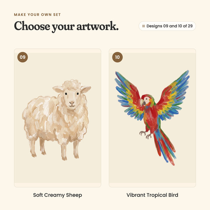 Designs 09 and 10 of 29: Soft Creamy Sheep, a woolly cream sheep, and Vibrant Tropical Bird, a scarlet macaw with its wings spread