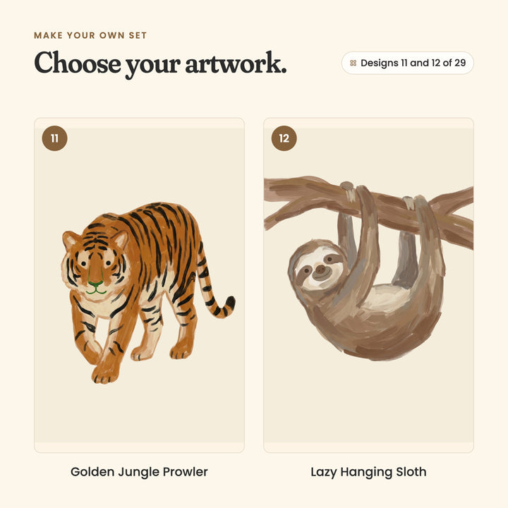 Designs 11 and 12 of 29: Golden Jungle Prowler, a tiger walking toward you, and Lazy Hanging Sloth, a sloth hanging from a branch