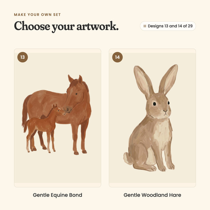 Designs 13 and 14 of 29: Gentle Equine Bond, a chestnut mare and her foal, and Gentle Woodland Hare, a hare sitting up