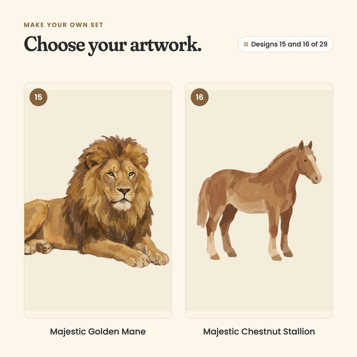 Designs 15 and 16 of 29: Majestic Golden Mane, a lion lying down, and Majestic Chestnut Stallion, a chestnut horse with lighter patches