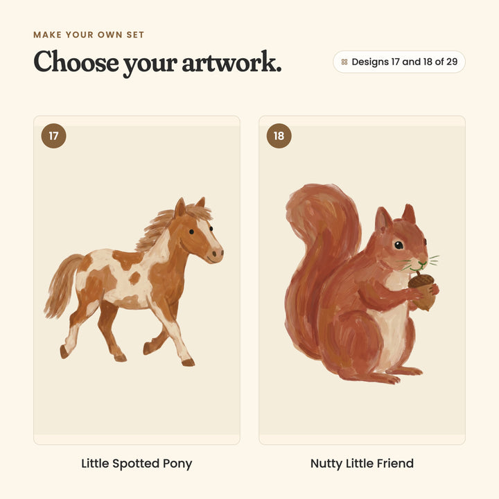 Designs 17 and 18 of 29: Little Spotted Pony, a chestnut and white spotted pony trotting, and Nutty Little Friend, a red squirrel holding an acorn