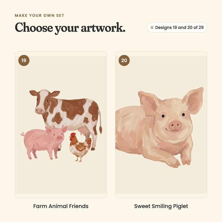 Designs 19 and 20 of 29: Farm Animal Friends, a cow, a pink pig and a hen together, and Sweet Smiling Piglet, a smiling pink piglet lying down