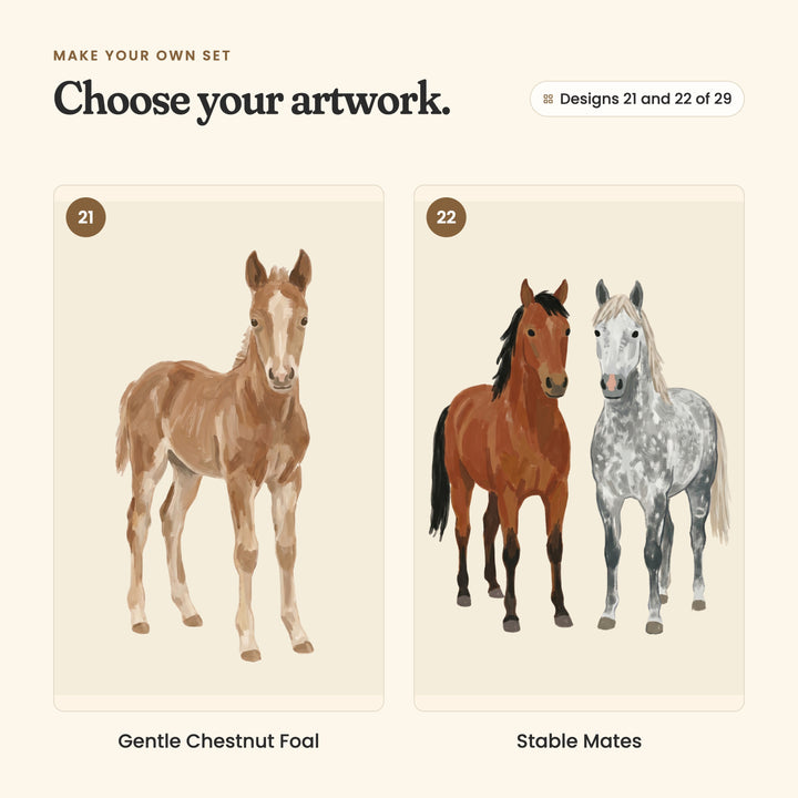 Designs 21 and 22 of 29: Gentle Chestnut Foal, a chestnut foal with a white blaze, and Stable Mates, a bay horse and a dapple grey horse side by side