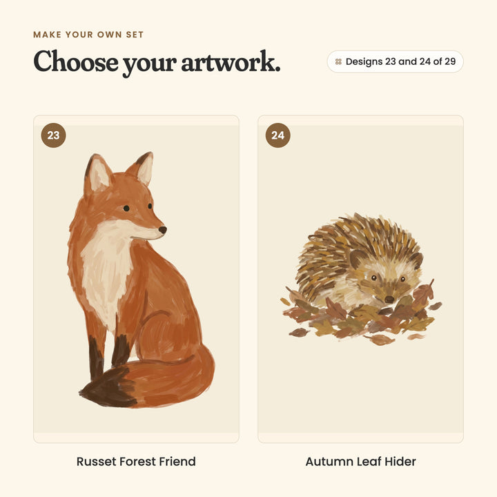 Designs 23 and 24 of 29: Russet Forest Friend, a red fox sitting, and Autumn Leaf Hider, a hedgehog in a pile of autumn leaves