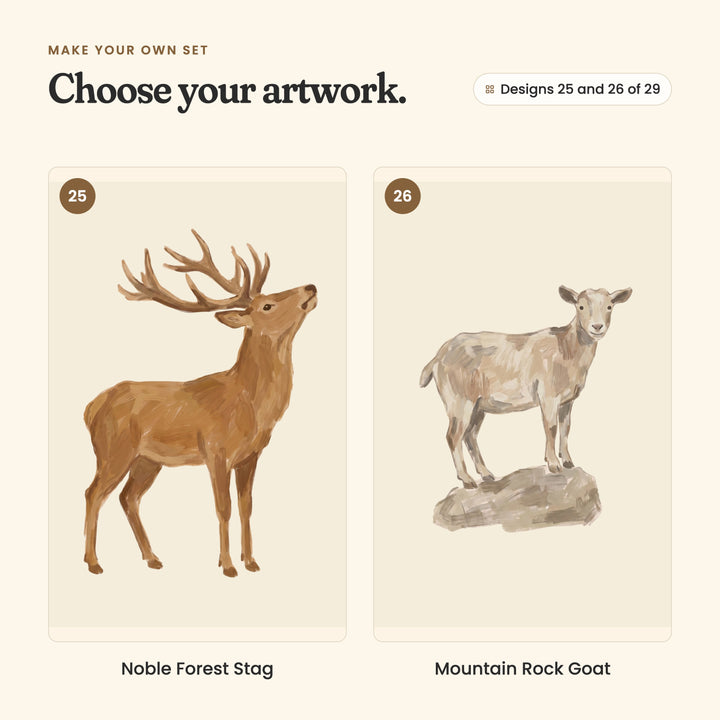 Designs 25 and 26 of 29: Noble Forest Stag, a stag with big antlers looking up, and Mountain Rock Goat, a goat standing on a rock