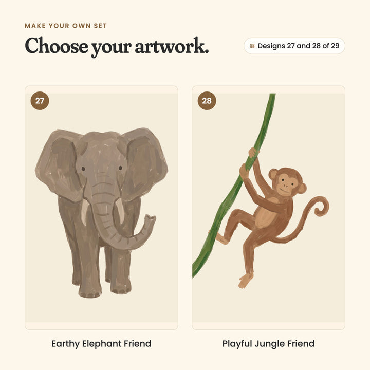 Designs 27 and 28 of 29: Earthy Elephant Friend, an elephant facing forward, and Playful Jungle Friend, a monkey swinging on a green vine