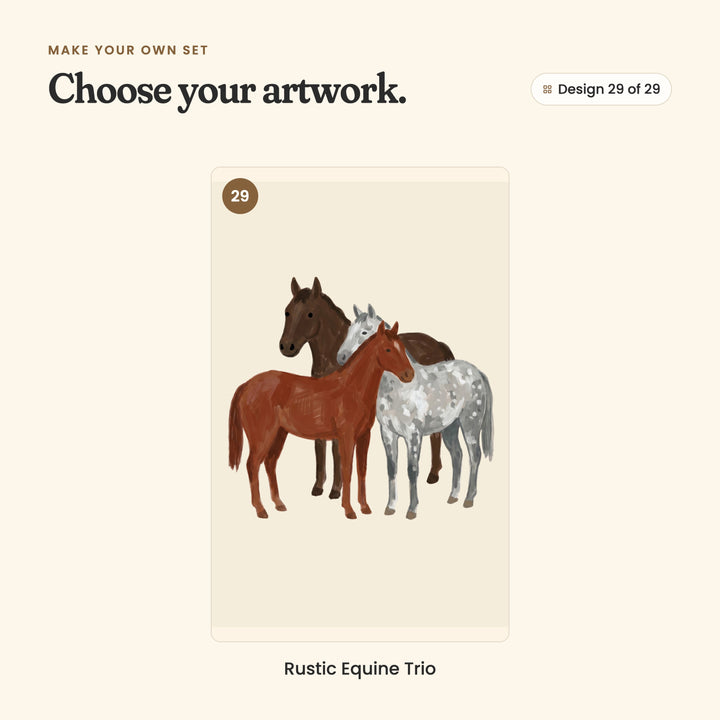 Design 29 of 29: Rustic Equine Trio, a dark brown horse, a chestnut horse and a dapple grey horse together