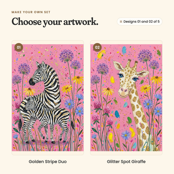 Designs 01 and 02 of 5: Golden Stripe Duo, a zebra and her foal among wildflowers on hot pink, and Glitter Spot Giraffe, a smiling giraffe with gold spots among wildflowers