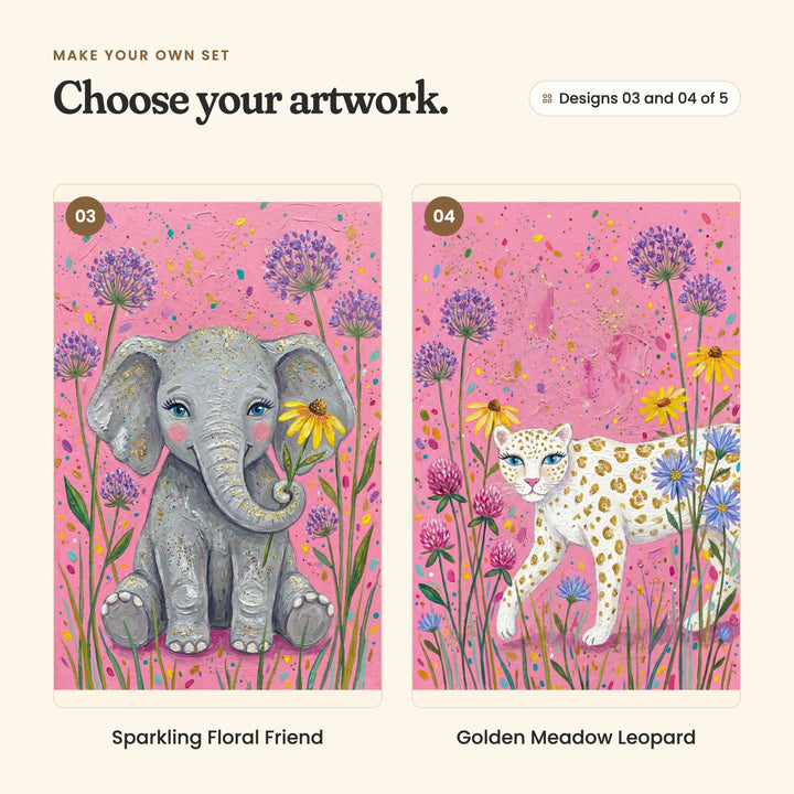 Designs 03 and 04 of 5: Sparkling Floral Friend, a baby elephant holding a yellow flower in its trunk, and Golden Meadow Leopard, a pale leopard with gold spots walking through the flowers