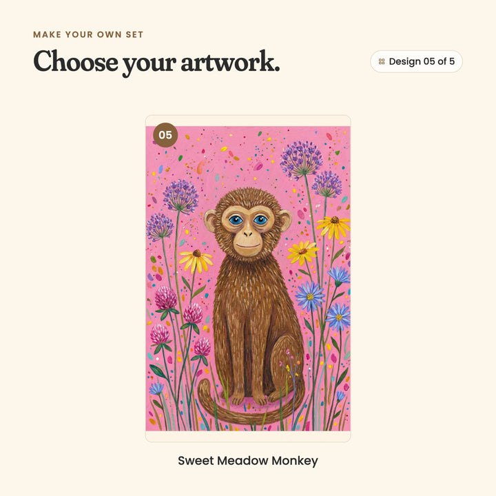 Design 05 of 5: Sweet Meadow Monkey, a brown monkey sitting among the wildflowers