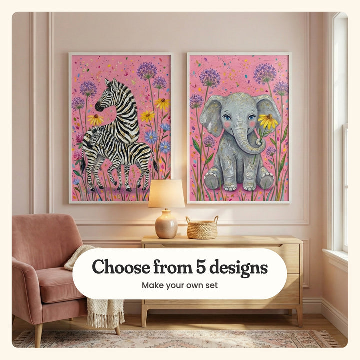 Blush pink panelled room with two safari animal prints in white frames above a light wood dresser with a table lamp and a woven basket, beside a pink velvet armchair: Golden Stripe Duo and Sparkling Floral Friend, labeled Choose from 5 designs, Make your own set
