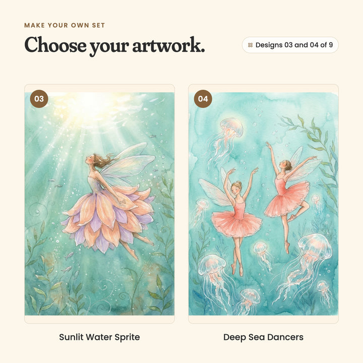 Designs 03 and 04 of 9: Sunlit Water Sprite, a fairy in a peach and lavender petal skirt rising toward the sunlight, and Deep Sea Dancers, two fairy ballerinas in coral tutus dancing among jellyfish