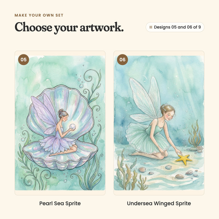 Designs 05 and 06 of 9: Pearl Sea Sprite, a fairy holding a glowing pearl inside an open shell, and Undersea Winged Sprite, a fairy in a mint tutu reaching for a starfish on the sand