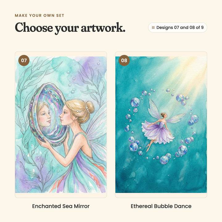 Designs 07 and 08 of 9: Enchanted Sea Mirror, a fairy gazing into a shimmering shell mirror, and Ethereal Bubble Dance, a fairy in a lavender tutu dancing inside a ring of bubbles