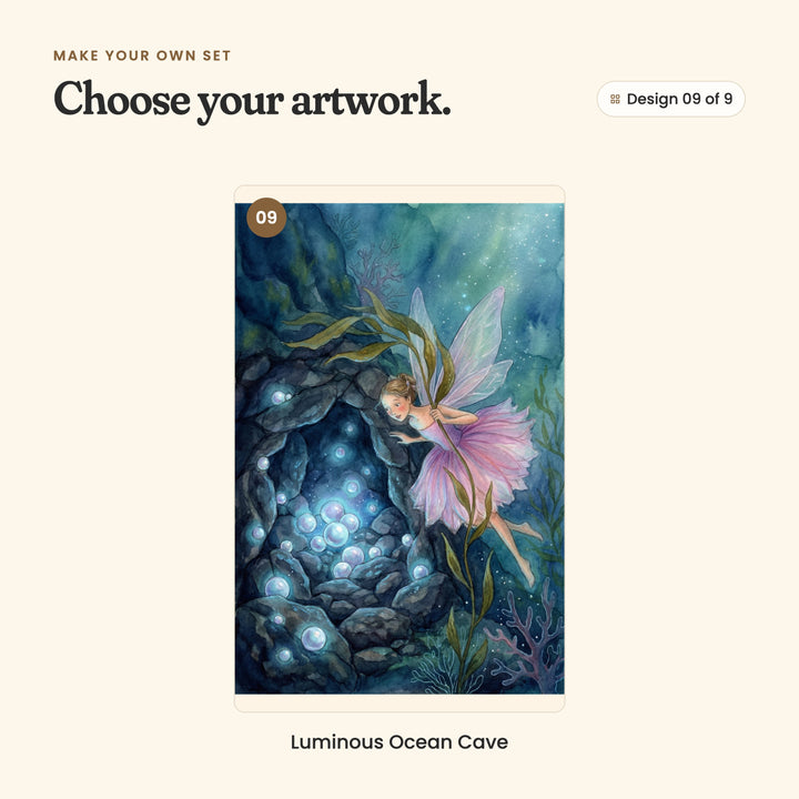 Design 09 of 9: Luminous Ocean Cave, a fairy in a pink dress peeking into a sea cave full of glowing pearls