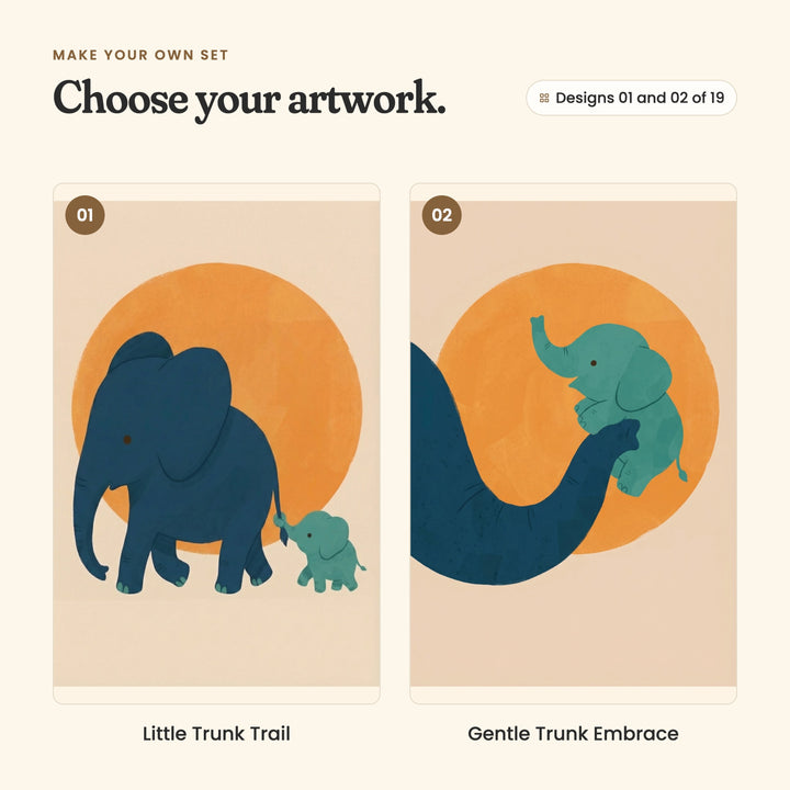 Designs 01 and 02 of 19: Little Trunk Trail, an elephant calf holding its parent's tail with its trunk, and Gentle Trunk Embrace, an elephant lifting its calf high in its trunk