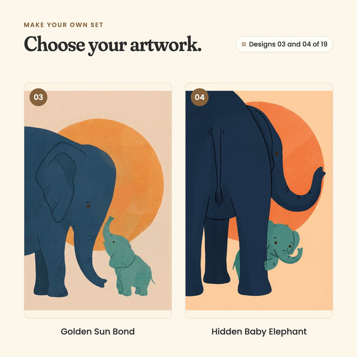 Designs 03 and 04 of 19: Golden Sun Bond, an elephant and calf reaching their trunks toward each other, and Hidden Baby Elephant, a calf peeking out from behind its parent's legs