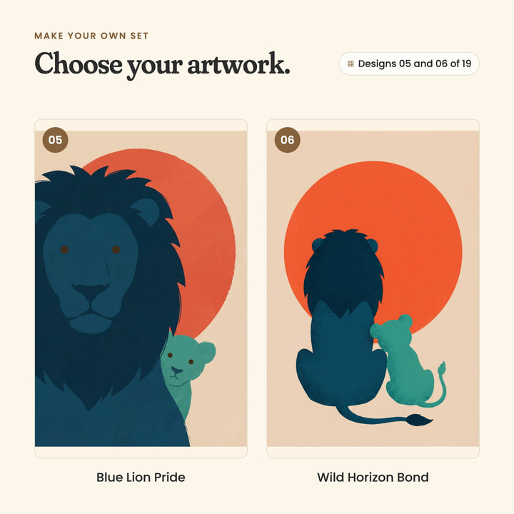 Designs 05 and 06 of 19: Blue Lion Pride, a lion with a cub peeking out beside his mane, and Wild Horizon Bond, a lion and cub sitting side by side facing the sun