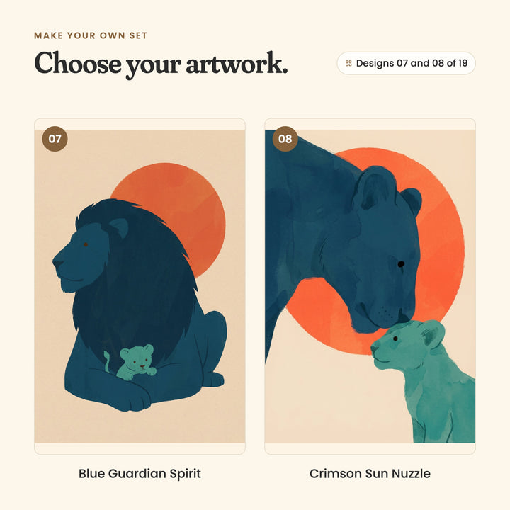 Designs 07 and 08 of 19: Blue Guardian Spirit, a resting lion with a cub tucked against his mane, and Crimson Sun Nuzzle, a lioness nuzzling her cub