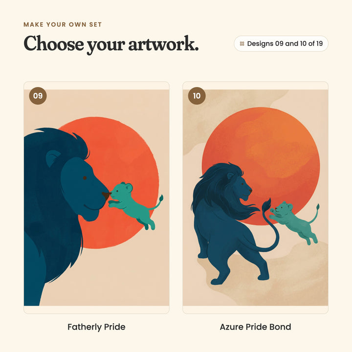 Designs 09 and 10 of 19: Fatherly Pride, a cub leaping up to touch noses with a lion, and Azure Pride Bond, a lion striding along with a cub leaping after his tail