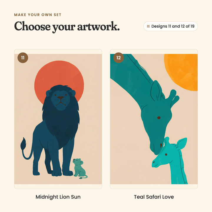 Designs 11 and 12 of 19: Midnight Lion Sun, a lion standing tall while his cub looks up at him, and Teal Safari Love, a giraffe bending down to nuzzle its calf