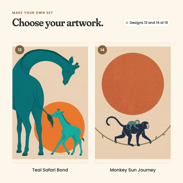 Designs 13 and 14 of 19: Teal Safari Bond, a giraffe looking back as its calf nibbles the end of its tail, and Monkey Sun Journey, a monkey walking along a vine with a baby on its back