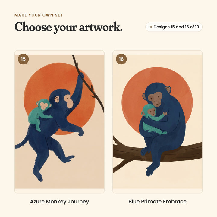 Designs 15 and 16 of 19: Azure Monkey Journey, a monkey swinging from a vine with a baby on its back, and Blue Primate Embrace, a monkey hugging its baby on a branch
