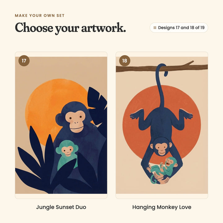 Designs 17 and 18 of 19: Jungle Sunset Duo, a monkey and baby among dark jungle leaves, and Hanging Monkey Love, a monkey hanging by its tail from a branch, holding a laughing baby