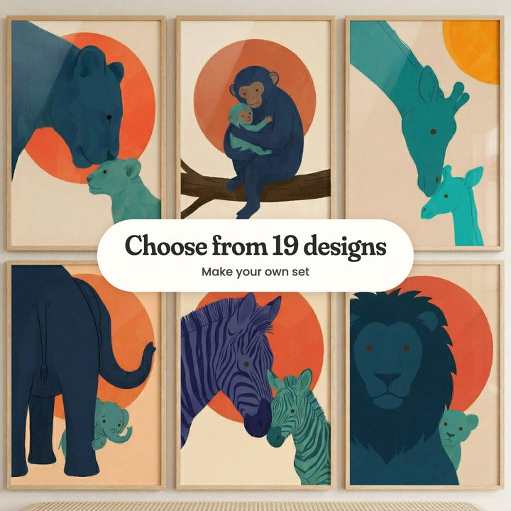 Six safari prints in light wood frames of dark blue and teal animal families against a big orange sun: a lioness and cub, a monkey and baby, a giraffe and calf, an elephant and calf, a zebra and foal and a lion and cub, with a label reading Choose from 19 designs, Make your own set