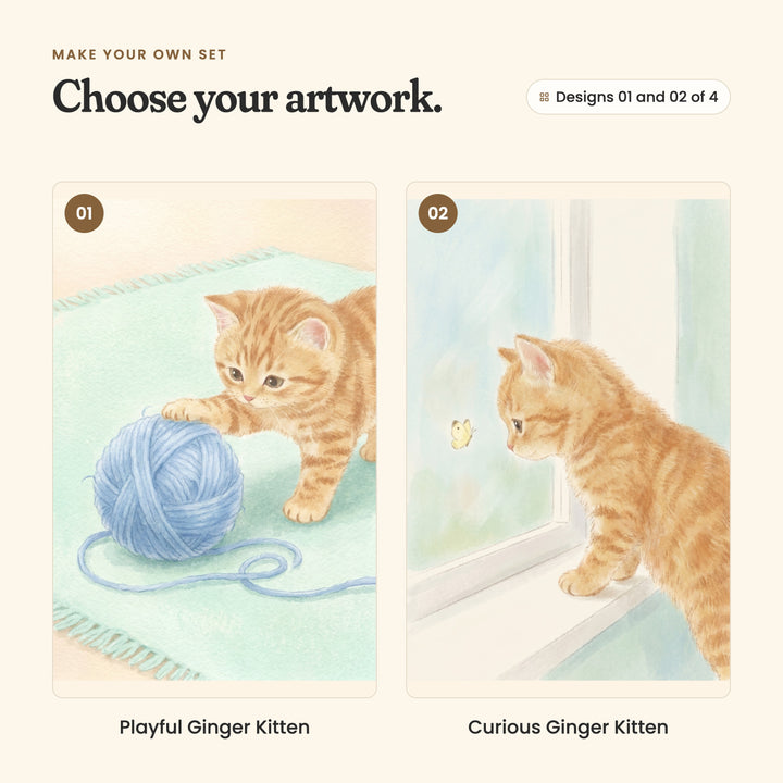 Designs 01 and 02 of 4: Playful Ginger Kitten, a kitten batting a ball of blue yarn on a mint rug, and Curious Ginger Kitten, a kitten at a sunny window watching a little yellow butterfly