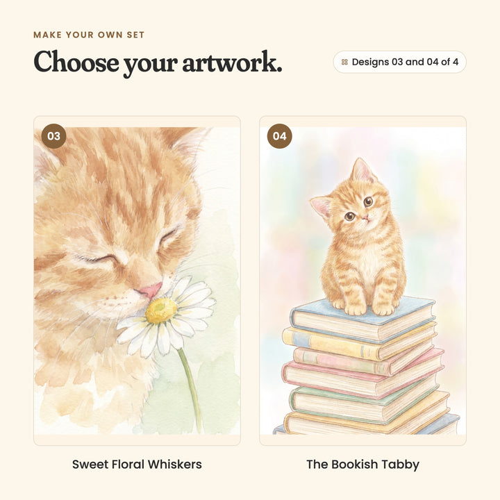 Designs 03 and 04 of 4: Sweet Floral Whiskers, a close view of a kitten with its eyes shut, sniffing a white daisy, and The Bookish Tabby, a kitten sitting on a stack of pastel books