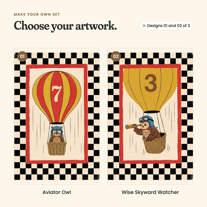 Designs 01 and 02 of 3: Aviator Owl, an owl in a blue aviator cap and goggles riding in a basket under a red and yellow striped balloon marked 7, and Wise Skyward Watcher, an owl in a blue aviator cap looking through a spyglass under a mustard yellow balloon marked 3