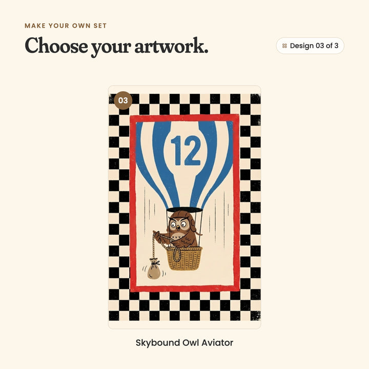 Design 03 of 3: Skybound Owl Aviator, an owl in a brown aviator cap lowering a little sack on a rope under a blue and white striped balloon marked 12