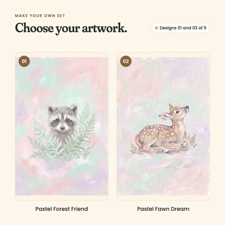Designs 01 and 02 of 5: Pastel Forest Friend, a raccoon peeking out from green ferns, and Pastel Fawn Dream, a spotted fawn lying down and looking up