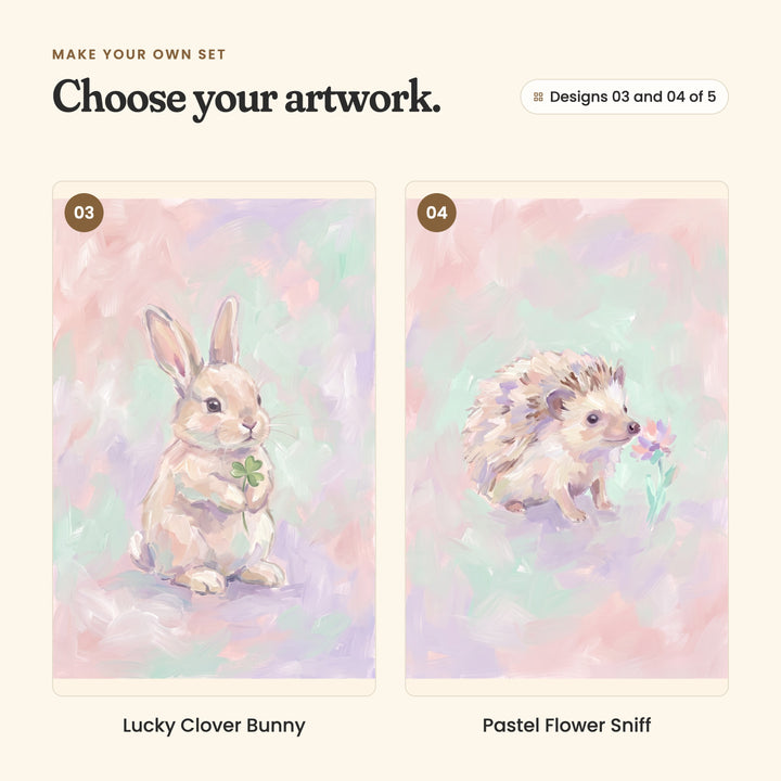 Designs 03 and 04 of 5: Lucky Clover Bunny, a bunny sitting up and holding a green clover, and Pastel Flower Sniff, a hedgehog sniffing a pink flower