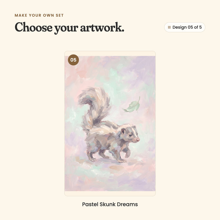 Design 05 of 5: Pastel Skunk Dreams, a skunk trotting along as a leaf drifts by