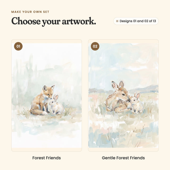 Designs 01 and 02 of 13: Forest Friends, a fox cub nuzzling a bunny, and Gentle Forest Friends, a spotted fawn lying beside a bunny