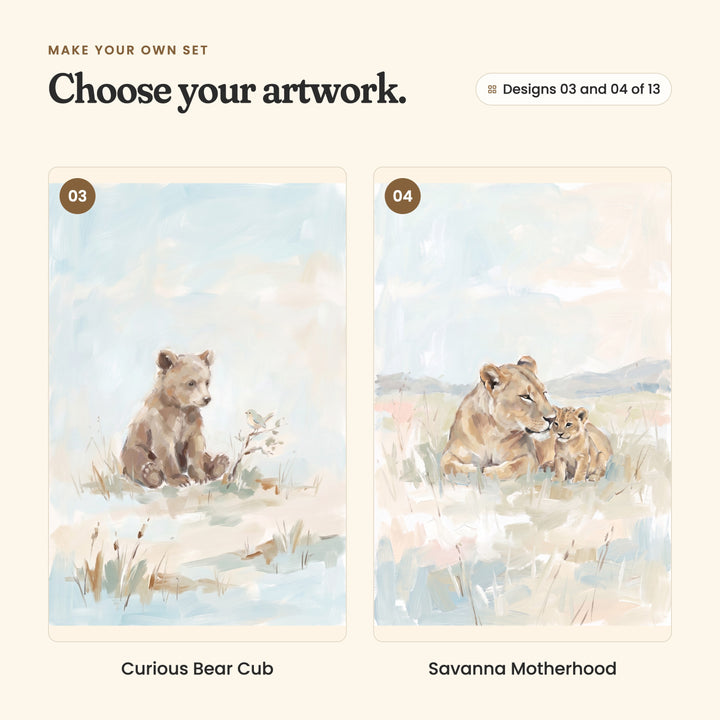 Designs 03 and 04 of 13: Curious Bear Cub, a bear cub sitting by a little bird on a twig, and Savanna Motherhood, a lioness nuzzling her cub