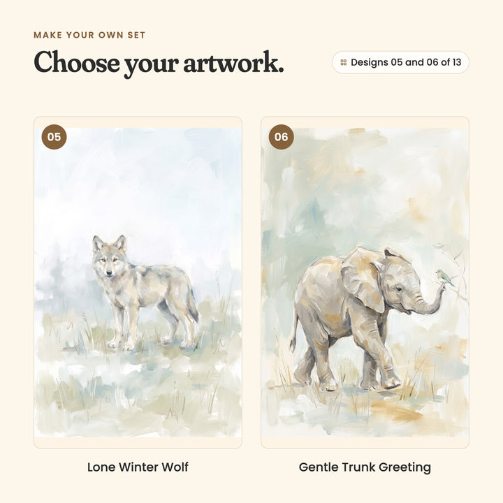 Designs 05 and 06 of 13: Lone Winter Wolf, a wolf standing alone in misty grass, and Gentle Trunk Greeting, a baby elephant with a little bird on its trunk