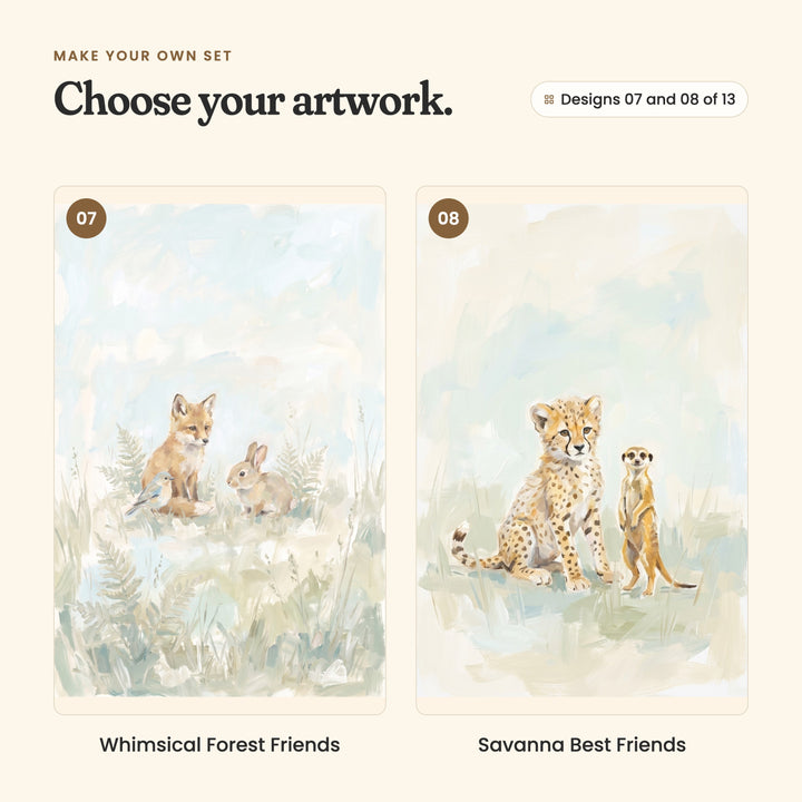 Designs 07 and 08 of 13: Whimsical Forest Friends, a fox cub, a bunny and a little blue bird among ferns, and Savanna Best Friends, a cheetah cub beside a meerkat