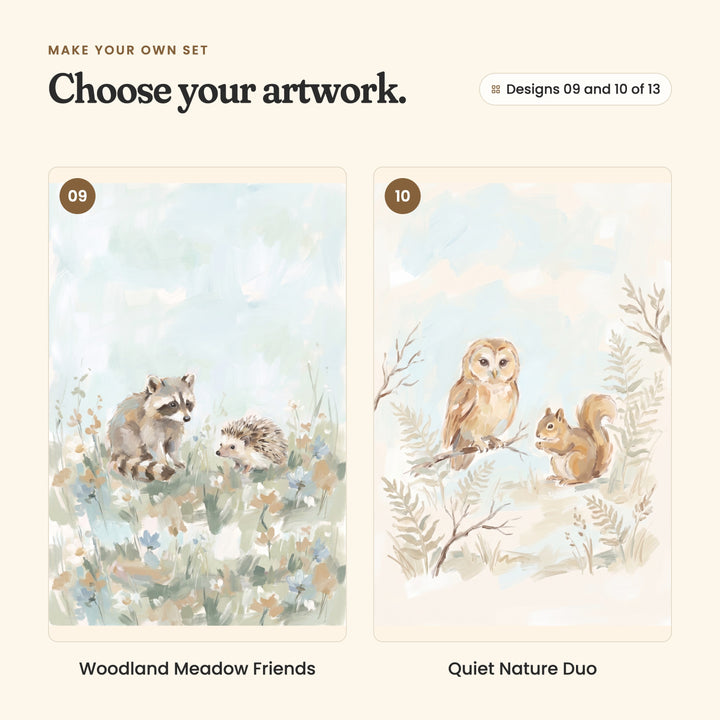 Designs 09 and 10 of 13: Woodland Meadow Friends, a raccoon and a hedgehog in wildflowers, and Quiet Nature Duo, an owl on a branch above a squirrel among ferns