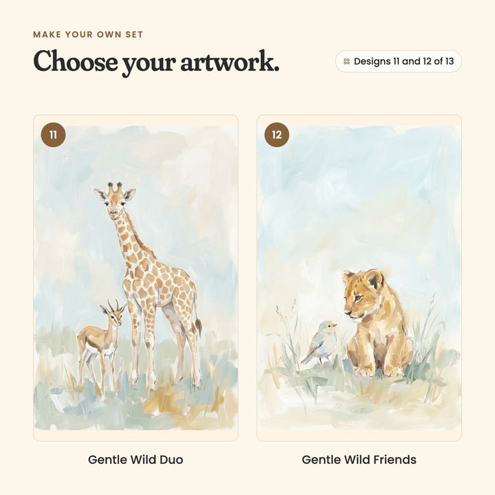 Designs 11 and 12 of 13: Gentle Wild Duo, a young giraffe beside a gazelle, and Gentle Wild Friends, a lion cub with a little bird