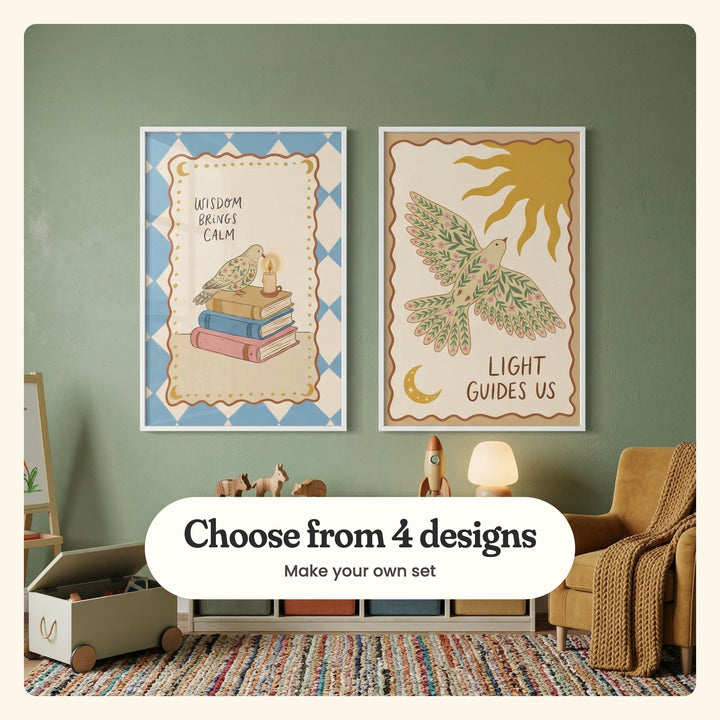 Sage green room with two folk bird prints in white frames above a low cubby shelf with wooden toy animals, a wooden rocket and a mushroom lamp, beside a toy box on wheels, an easel, a mustard armchair with a chunky knit throw and a striped rag rug: Serene Wisdom Bird and Golden Sun Dove, labeled Choose from 4 designs, Make your own set
