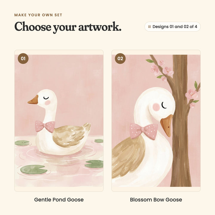 Designs 01 and 02 of 4: Gentle Pond Goose, a white goose in a pink polka-dot bow on a lily pond, and Blossom Bow Goose, a white goose in a pink bow resting its head against a blossom tree